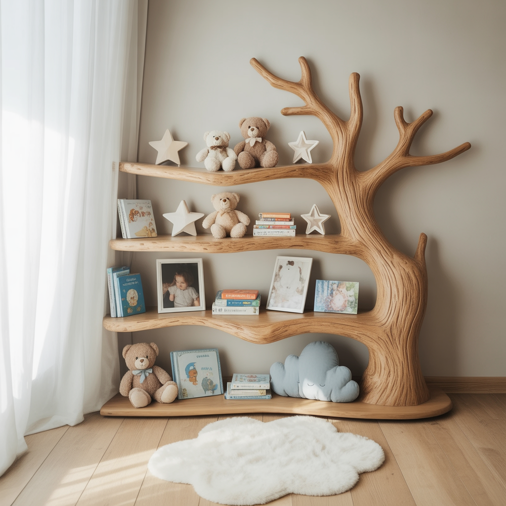 Sculptural Tree Branch Solid Wood Nursery Shelf – Organic Kids Room Corner Decor