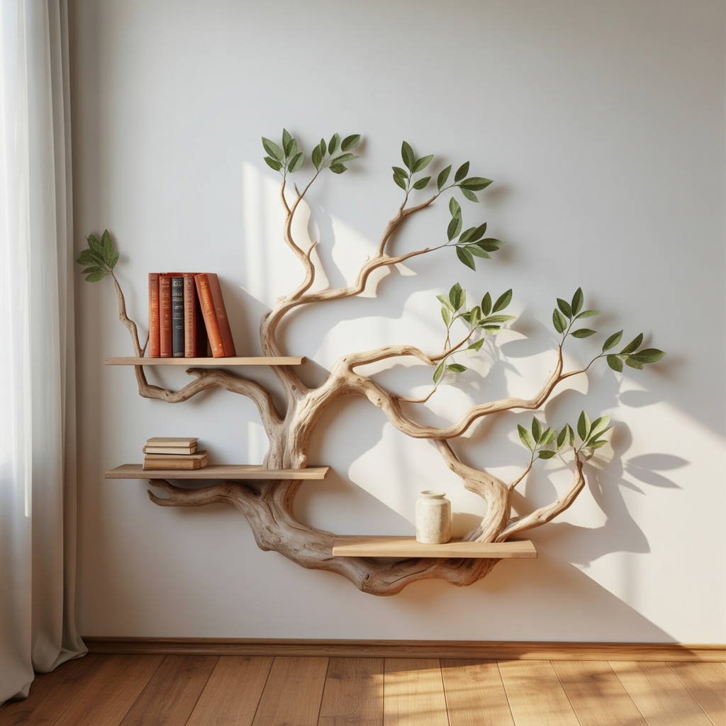Artistic Tree Branch Floating Shelf – Organic Modern Corner Wall Display